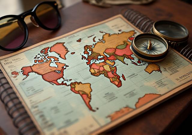 Mappa vintage e bussola su un tavolo di legno